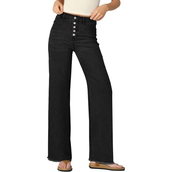 Denim - Womens Wide Leg Jeans High Waisted Straight Leg Stretchy Button Fly Raw Hem